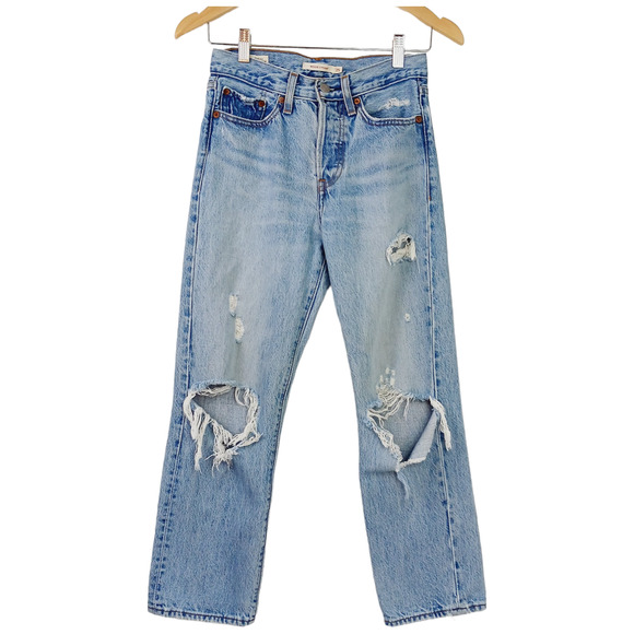 Levi's SZ 25/26 Premium Denim Wedgie Straight Jeans Whiskered Faded Shredded - Picture 2 of 10